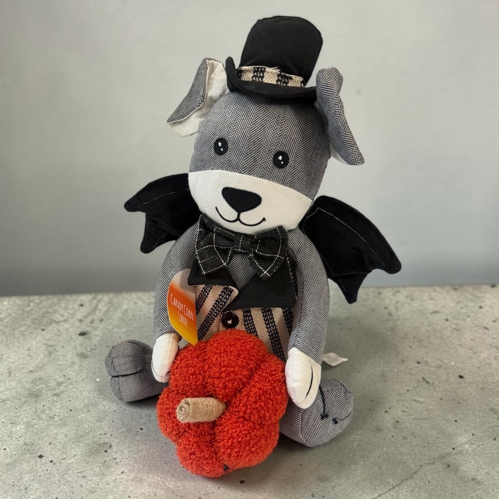 NWT Candy Corn Lane 15" Halloween Plush Dog Vampire Bat Wings Pumpkin Decoration